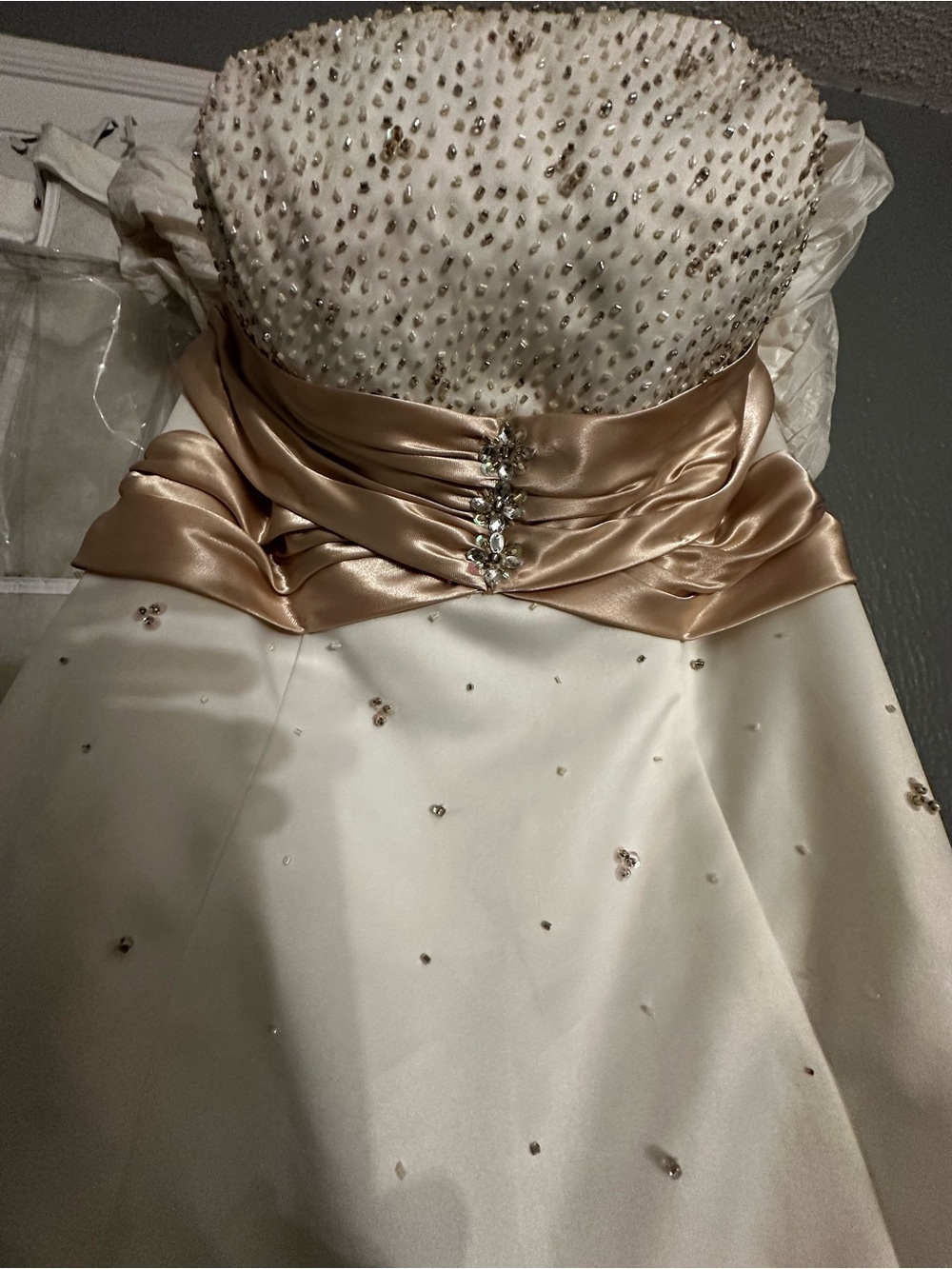 Jump full length formal Ivory Dress with Champagne Satin Waist and Beading